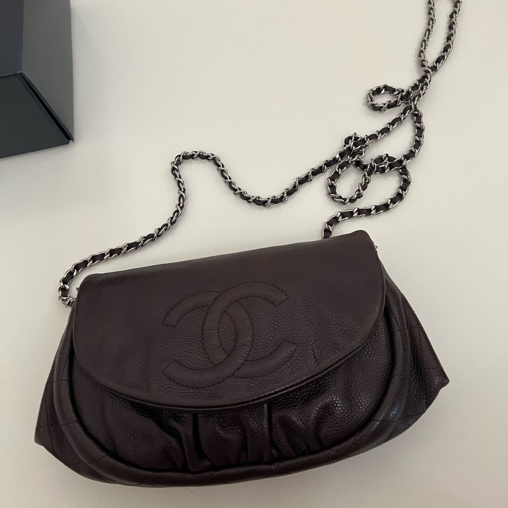 Chanel Chocolate Brown Caviar Half Moon Wallet on Chain Bag